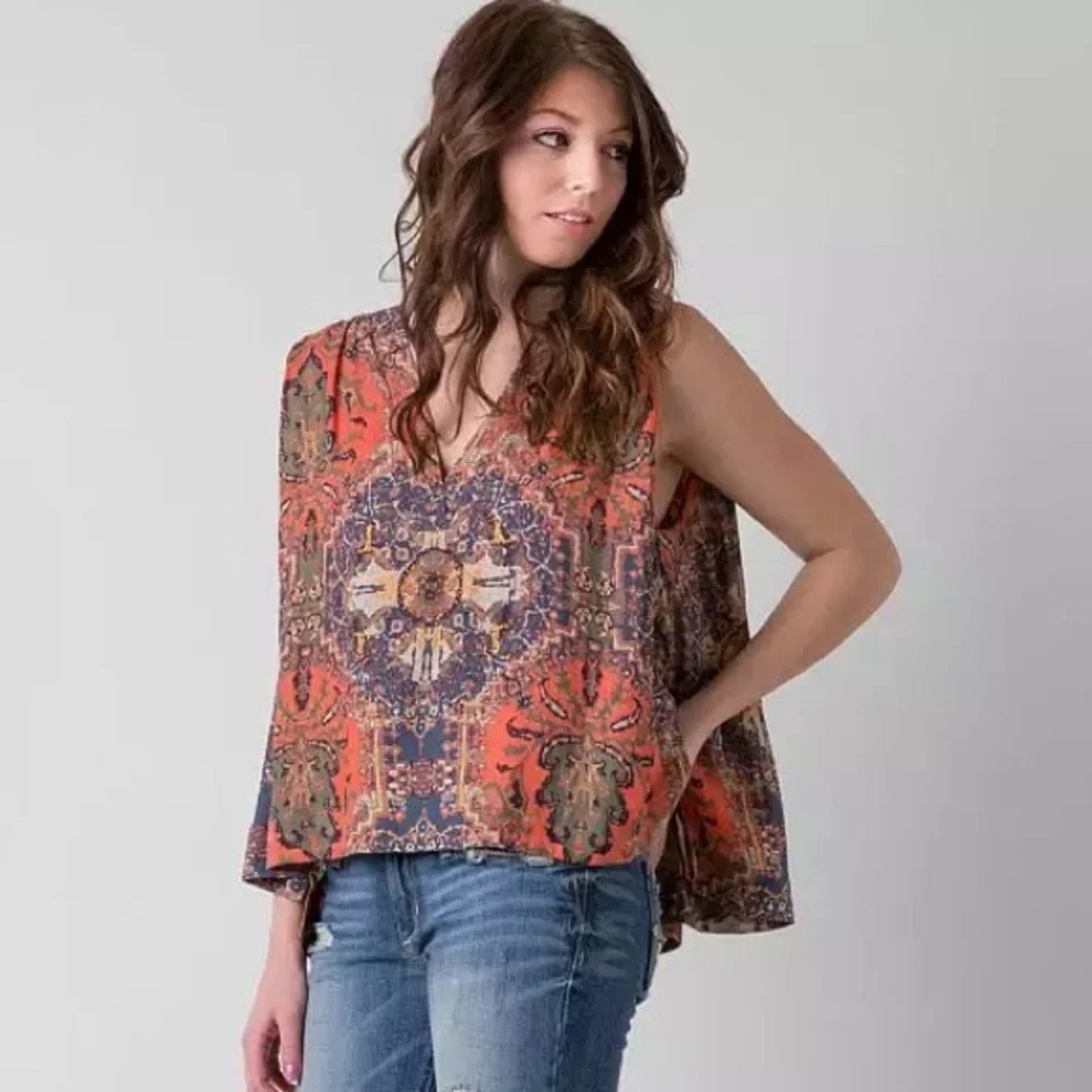 Free People Darcey Swing Tank Top Chiffon V-Neck Women’s Medium Orange/Blue